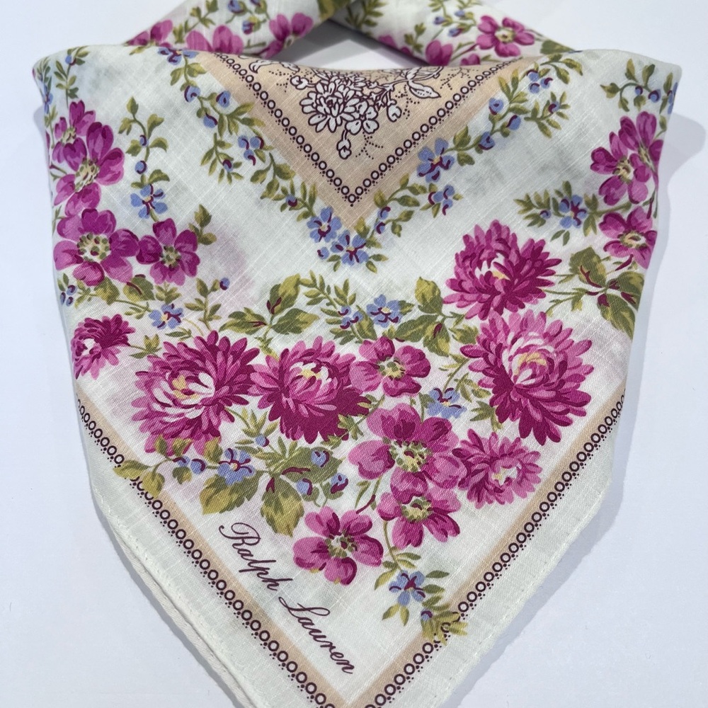 Handkerchief VTG Ralph Lauren Mini Scarf Women Floral Cotton Pocket Square 19.5 - Picture 2 of 11